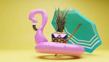 Plajda ya da havuz kenarında tatildeyken yaz için ideal pembe flamingo şeklindeki bir şamandıra resmi. 3d oluşturma