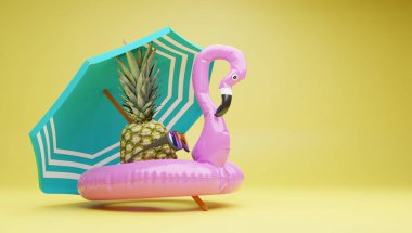 Plajda ya da havuz kenarında tatildeyken yaz için ideal pembe flamingo şeklindeki bir şamandıra resmi. 3d oluşturma