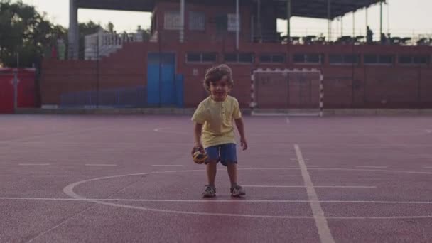 公園で少年がボールをやる 幸せな家族の夢のコンセプト 子供の赤ちゃんは自然公園でサッカーをします 公園の楽しみの中でボールを蹴ってる赤ん坊 幸せな子供時代 — ストック動画