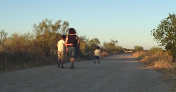 Happy Hispanic Family Two Children Walking Forest — Vídeos de Stock