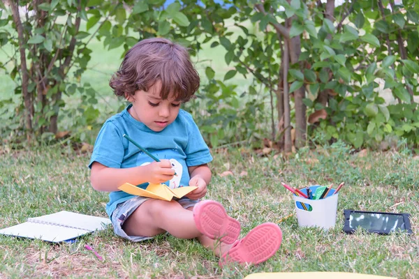 Jungen Grundschulalter Malen Gerne Parks Jungen Malen Bilder Als Outdoor — Stockfoto