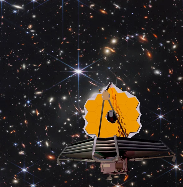 The first photograph of the James Webb telescope. NASA Webb Delivers Deepest Infrared Image of Universe Yet. Elemets of thisd image furnished by NASA. 3d rendering