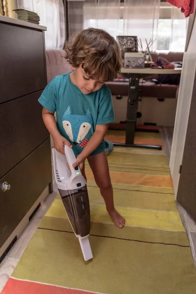 Sweet Little Boy Vacuums Caravan While Vacation Cute Boy Cleaning — Stock Photo, Image