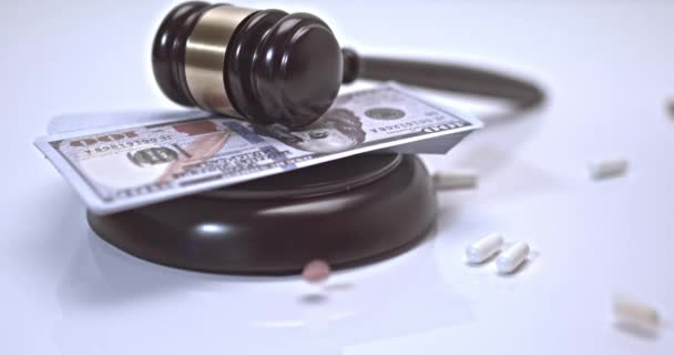 Pills Can Pills Falling Judges Gavel White Background Concept Medical — Stock Video