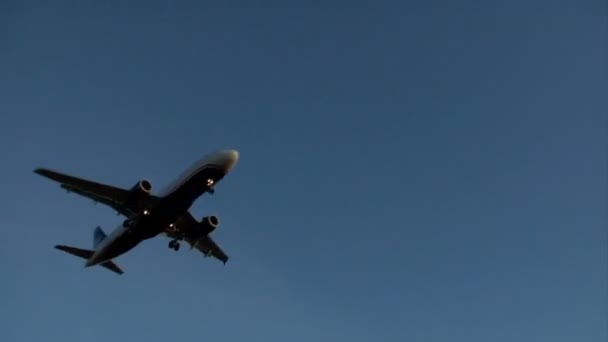 Aterrizaje del avión Puesta del sol — Vídeos de Stock