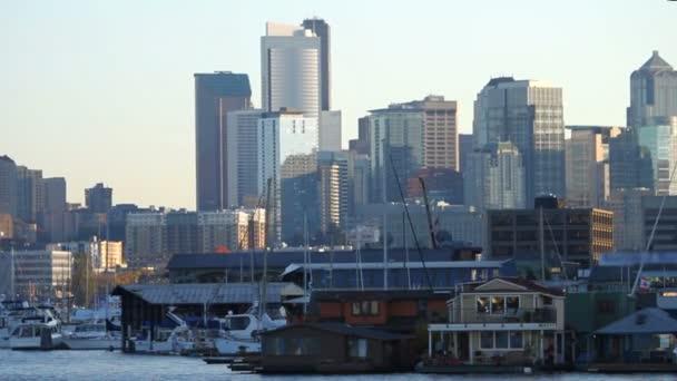 Passing by marina and cityscape — Stock Video