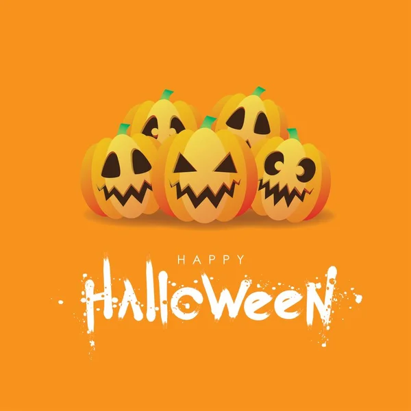 Happy Halloween Wenskaart Met Gestapelde Pompoen Gezichten Oranje Achtergrond Vector — Stockvector