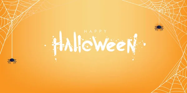 Happy Halloween Wenskaart Met Spinnenwebben Spinnenwebben Oranje Achtergrond Vectorillustratie — Stockvector