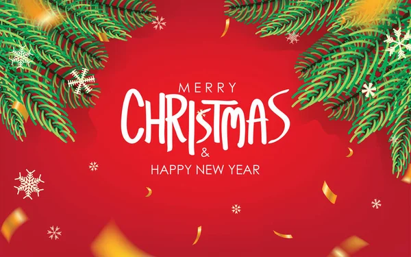 メリークリスマスとあけましておめでとうございます モミの葉 雪と赤の背景ベクターのデザインにコンフェッティ ポスター カード — ストックベクタ