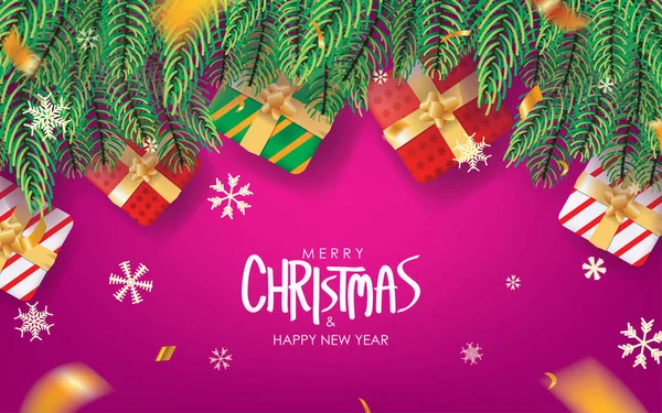 メリークリスマスとあけましておめでとうございます 紫色の背景ベクトルのデザインにモミの葉 ギフトボックス 雪とコンフェッティ ポスター カード — ストックベクタ
