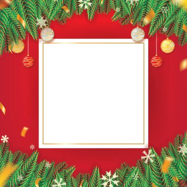 Kırmızı Noel Teması: Firavun Yaprakları, Kar, Konfeti ve İşaret İçin Toplar, Mesaj, Kart Vektörü İllüstrasyonu