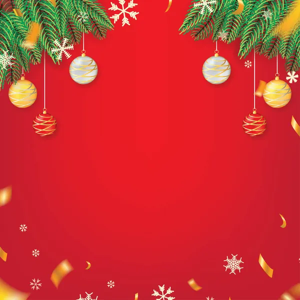 Red Christmas Theme Tle Liści Jodu Śnieg Confetti Kulki Znak — Wektor stockowy