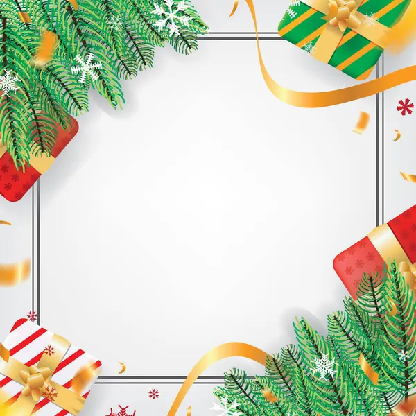 Fondo Del Tema Navidad Blanco Con Hojas Abeto Nieve Confeti — Vector de stock