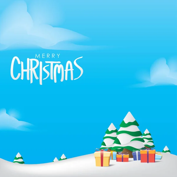 Frohe Weihnachten Grußkarte Kiefer Geschenkschachteln Und Schnee Auf Blauem Himmel — Stockvektor