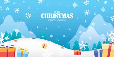 Mutlu Noeller ve mutlu yıllar. Çam Ağacı, Kar, Dağ ve Mavi Gökyüzü Arkaplan Vektörleri Tasarımı Hediye Kutuları. Poster, kart, dekorasyon 