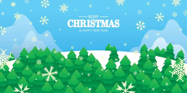 Merry Christmas Happy New Year Greeting Pine Forest Snow Montain — Stock Vector