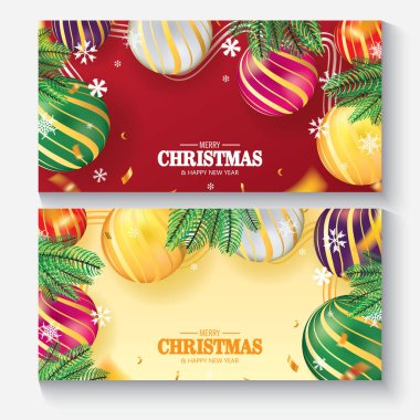 Mutlu Noeller ve mutlu yıllar. Noel balosu, Firavun, Konfeti ve Kar Kırmızı ve Sarı Arkaplan Vektörleri Tasarımı.