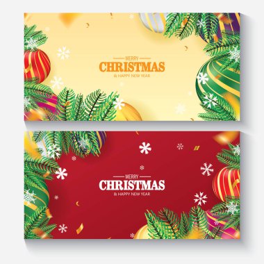 Mutlu Noeller ve mutlu yıllar. Noel balosu, Firavun, Konfeti ve Kar Kırmızı ve Sarı Arkaplan Vektörleri Tasarımı.