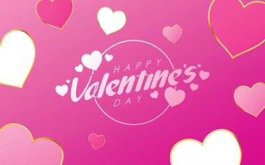 Sevgililer günün kutlu olsun. Pembe Arkaplan Resimli Altın Sınır Kalpleri Vektör Tasarımı.