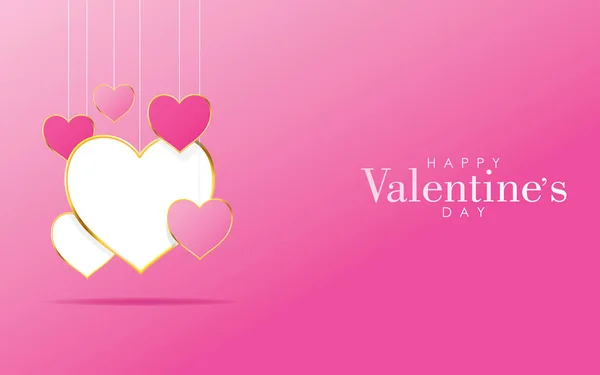 Gelukkige Valentijnskaart Gold Borders Harten Roze Achtergrond Illustratie Vector Ontwerp — Stockvector