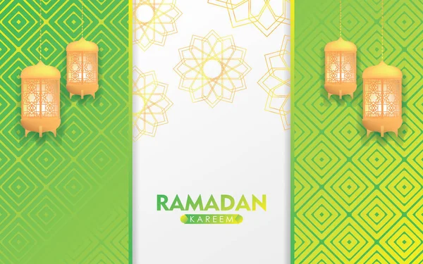 Ramadan Kareem Greeting Gold Lantern White Green Pattern Background Vector — Stock Vector