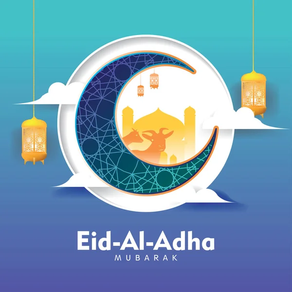 Eid Adha Greeting Card Golden Mosques Lantern Moon Goats Blue — Stok Vektör