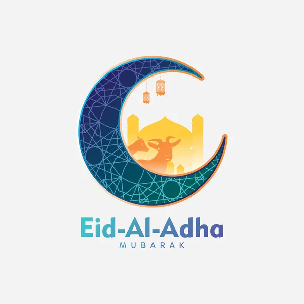 Karta Okolicznościowa Eid Adha Złote Meczety Latarnia Księżyc Kozy Izolowane — Wektor stockowy