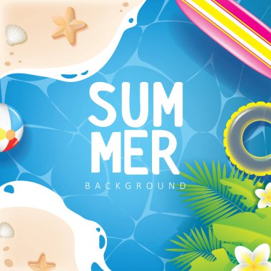 Yaz Arkaplanı İllüstrasyonu Mavi Okyanus, bitkiler, sörf tahtası ve yüzme yüzüğü. Yaz Vektörü Tasarımı