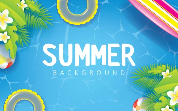 stock vector Summer Background Illustration Blue Ocean, plants, surfboard, and swim ring. Summer Vector Design