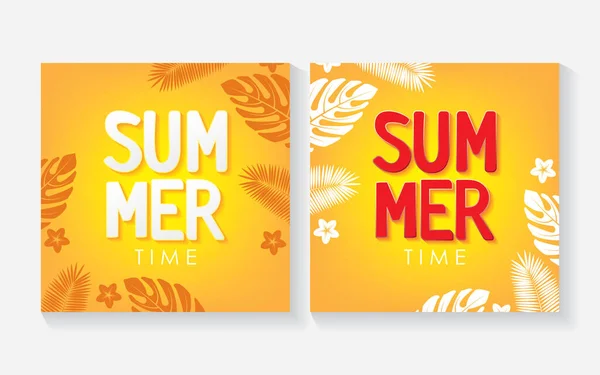 Summer Time Holiday Tropical Plants Orange Background Illustration Set Summer — Stockvector