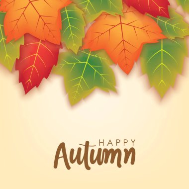 Happy Autumn Background with Orange and Green Leaves Vector Design. Autumn Vector Design for Banner, Flyer, Invitation, Brochure