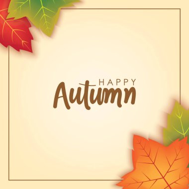 Happy Autumn Background with Orange and Green Leaves Vector Design. Autumn Vector Design for Banner, Flyer, Invitation, Brochure