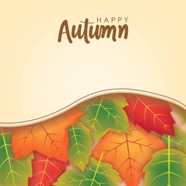Happy Autumn Background with Orange and Green Leaves Vector Design. Autumn Vector Design for Banner, Flyer, Invitation, Brochure