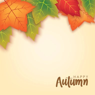 Happy Autumn Background with Orange and Green Leaves Vector Design. Autumn Vector Design for Banner, Flyer, Invitation, Brochure