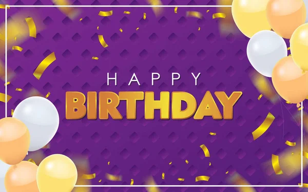 Purple Happy Birthday Gold Confetti Balloons Vector Illustration — Stock Vector