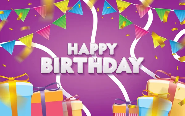 Purple Happy Birthday Gold Confetti Flag Giftboxes Vector Illustration — Stock Vector