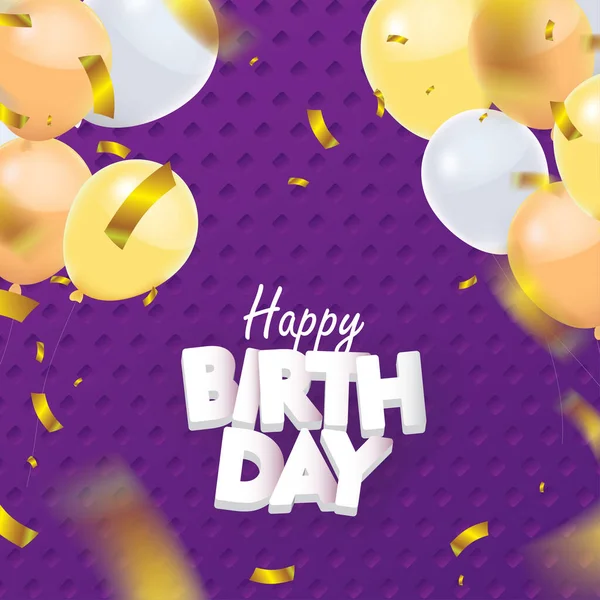 Purple Happy Birthday Gold Confetti Balloon Vector Illustration — Stockový vektor