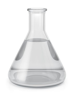 Conical chemical laboratory flask with a transparent clear liquid