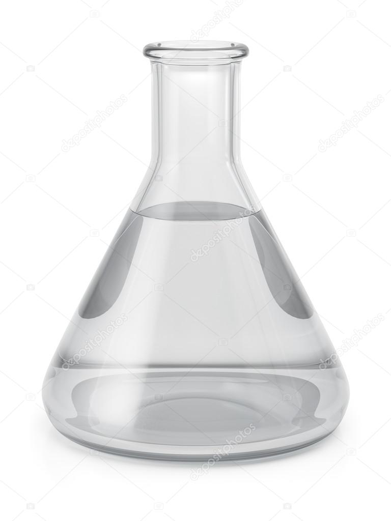 Conical chemical laboratory flask with a transparent clear liquid