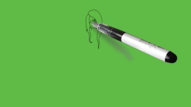 Gözlüklü, uzun saçlı, yeşil tişört, siyah pantolon ve soyut yeşil arka planda pembe ayakkabılar giyen genç bir kız çiz.