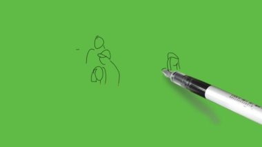 Eskiz grubu, soyut yeşil arka planda renkli elbiseler giyerek bankta oturuyor.