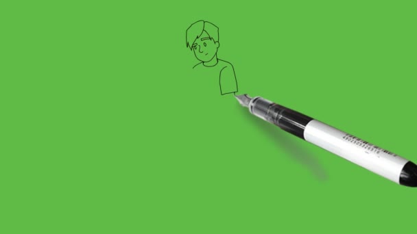 Нарисуйте Стоящего Мальчика Черно Белой Полосатой Футболке Коричневых Брюках Белых — стоковое видео