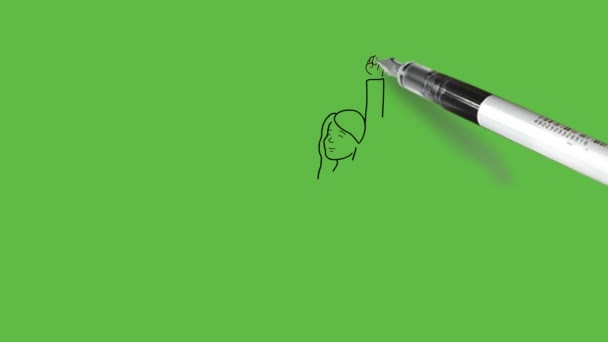 在抽象的绿色背景上 画一个穿着灰色西装 头戴笔记本电脑的快乐女孩 — 图库视频影像