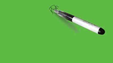 Draw standing young boy hold his hands on his forehead wearing black t-shirt, grey trouser and white shoes on abstract green background