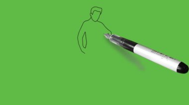 Draw standing young boy seeing wrist watch and keep right hand in pocket wearing black t-shirt, grey trouser and white shoes on abstract green background