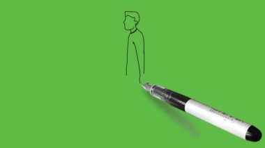 Draw walking young boy wearing black t-shirt, grey trouser and white shoes on abstract green background