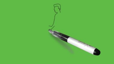 Draw standing young boy keep his left hand in pocket and open right hand forward wearing black t-shirt, grey trouser and white shoes on abstract green background