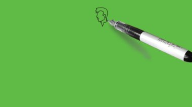 Draw standing young boy hold his one hand forward another keep straight wearing white shirt, grey trouser and grey shoes on abstract green background