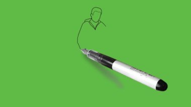 Draw standing young boy seeing wrist watch and keep right hand in pocket wearing red shirt, blue trouser and grey shoes on abstract green background