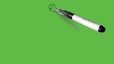 Draw standing young boy hold his right hand forward wearing red t-shirt, blue trouser and grey shoes on abstract green background